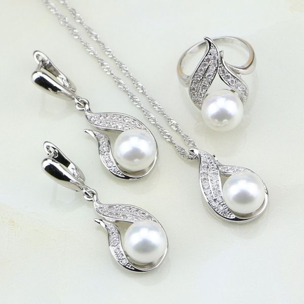 

fire 925 silver jewelry white pearl cubic zirconia jewelry set gift for women earrings/ring/pendant/necklace chain cx200623, Slivery;golden