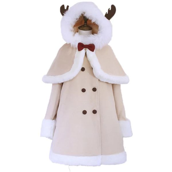 

women christmas coat japanese long wool blends antlers hooded kawaii milu deer outwear with cape winter coats for women, Black