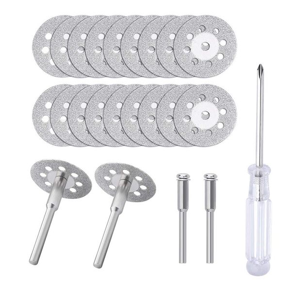 

promotion 20pcs diamond cutting wheel(22mm)with 4pcs 402 mandrel(3mm)and screwdriver for dremel rotary tools