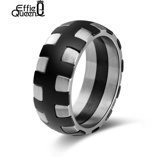 

effie queen stainless steel men ring 9mm width grid pattern black silver color rings for boyfriend men jewelry party gift dgtr31