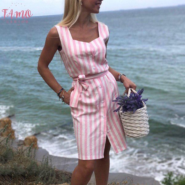 

women elegant stripe shirt dress summer new square collar sleeveless belt dresses pink stripe beach party dress vestidos, Black;gray