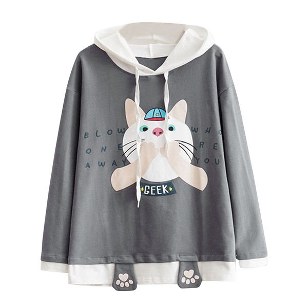 

women stitching hoodies sweatshirts cat print long sleeve plus size drawstring loose warm sports hooded o-neck casual running, Black