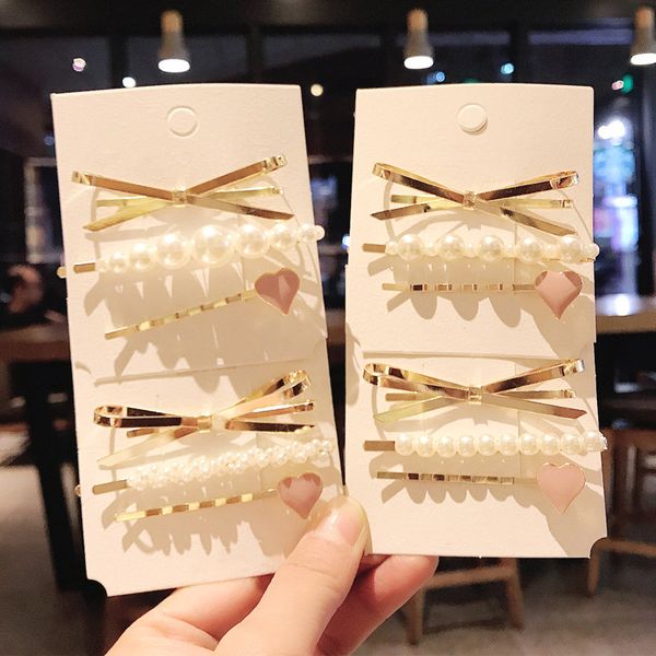 

japanese and korean style simple pearl bow love heart clip girls bangs clip hair accessories 3pcs/set @m23, Golden;white