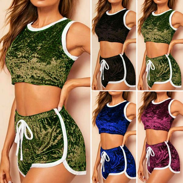 

new women yoga set summer velvet ladies home exercise set sleeveless gym wear solid short high waist fitness sports, White;red
