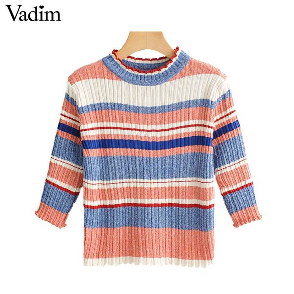 

vadim women knitted striped sweaters three quarter sleeve o neck sweet blouses elegant female stylish chic lb149, White