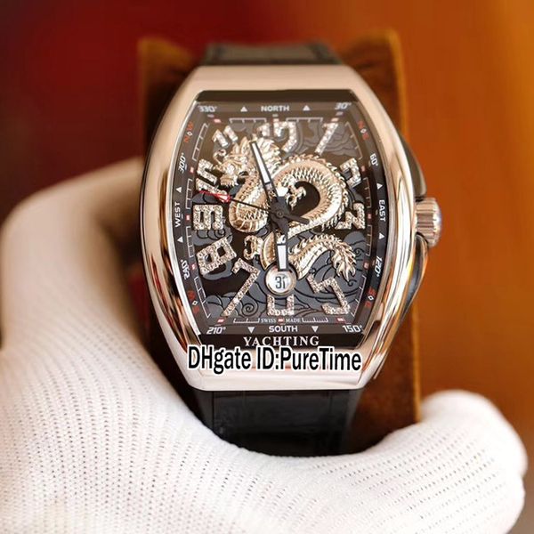 

new vanguard yachting v45 miyota 8215 automatic mens watch steel case black silver dragon totem dial diamond markers rubber puretime e132a1, Slivery;brown