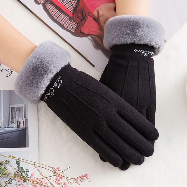 

mittens thick winter warm cashmere french romantic style touch screen five fingers driving gloves plush wrist women charming, Blue;gray