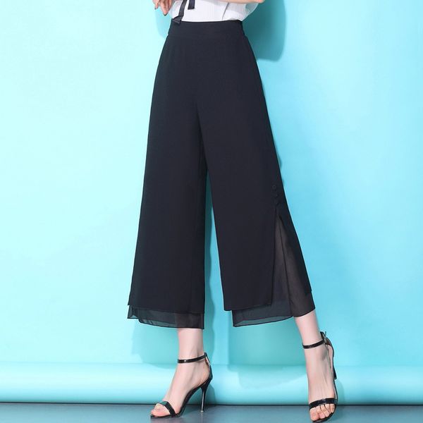 

sagging chiffon broad leg trousers woman pantskirt thin wide-legged trousers high waist knicker easy nine part pantskirt pants, Black;white