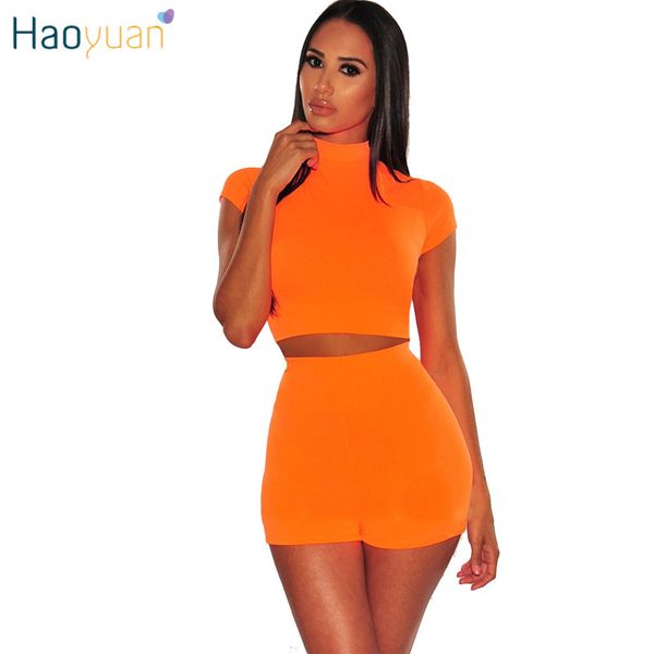 Haoyuan Neon Verde Laranja Duas Peças Set Mulheres Colheita Crop Top e Biker Shorts Tracksuit Sexy Club Outfits Verão Conjuntos de Correspondência Y19062601