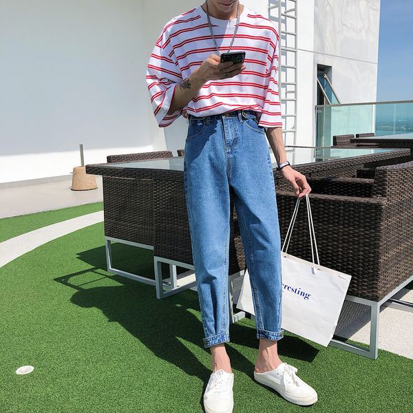 

summer jeans men fashion washed retro solid color denim pants man streetwear trend hip hop loose straight trousers male clothes, Blue