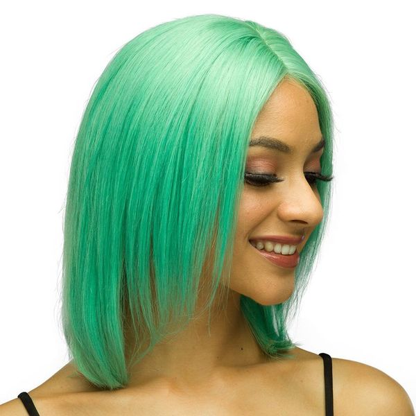 

transparent color lace front green wig 8 10 inch bob wigs sunny green human hair wigs with elastic band, Black