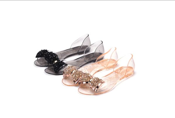 

2019 new small fresh flat sandals female summer transparent beaded glass drill jelly shoes comfortable non-slip fish mouth shoes, Black