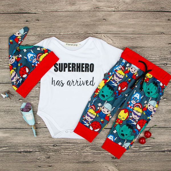 

kids boys cartoon suits infant baby long sleeve romper kids casual clothes boys super hero pants hats three-piece suit 06, White