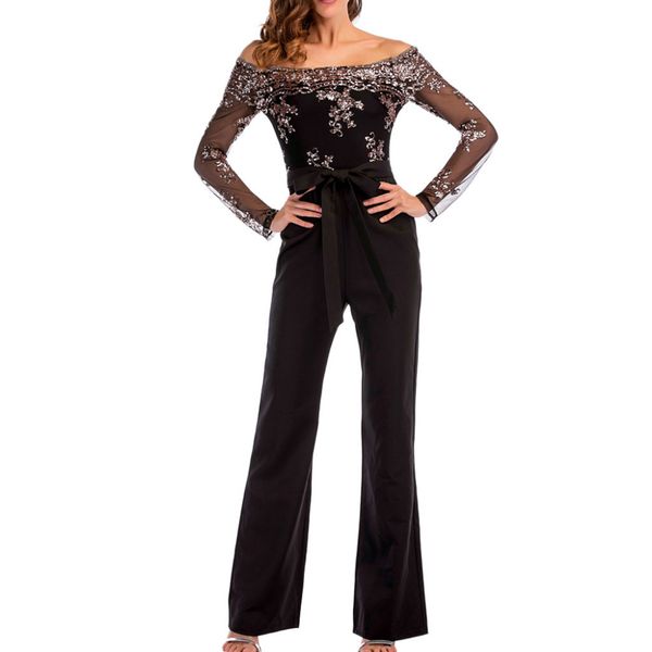 

new women fashion jumpsuit wide leg sequin mesh splice cold shoulder long sleeve polyester casual solid color jumpsuits 3y05, Black;white