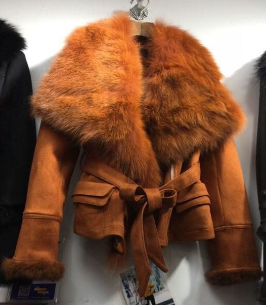 

new 2020 winter women fashion real fur collar jackets faux leather suede sashes jacket outerwear black gray caramel