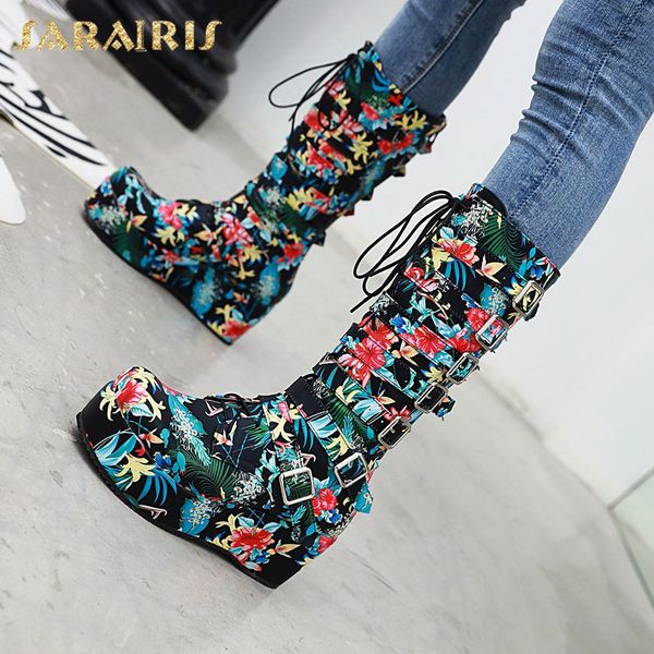 

sarairis new fashion plus size 33-46 wedge high heels buckles shoes woman boots female platform mid calf boots women shoes, Black