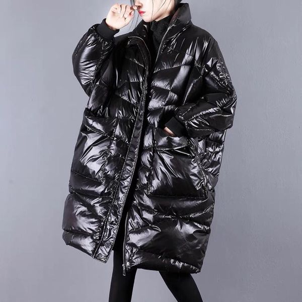 

2020 winter new black jacket bright-faced down jacket women's medium long loose warm white duck down large size coat