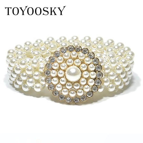 

toyoosky new arrival accessories elegant silver buckle inlaying rhinestone pearl flower elastic belts women strap waistband, Black;brown
