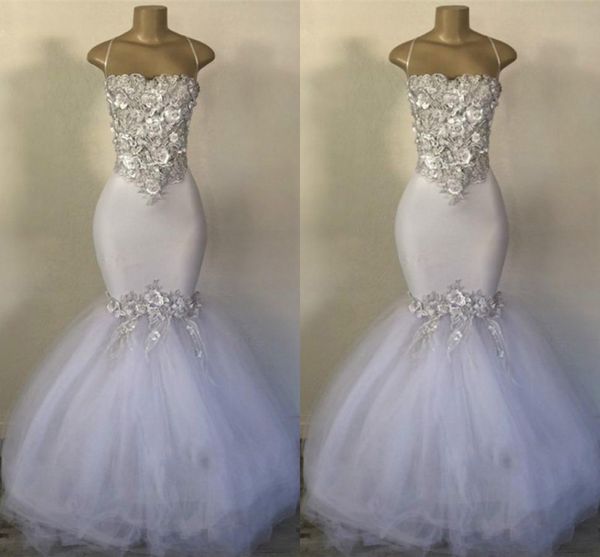 Vestidos de casamento da sereia brancos com prata cinza 3d apliques 2019 comprimento do assoalho de verão vestido nupcial cetim e tule vestidos de casamento barato