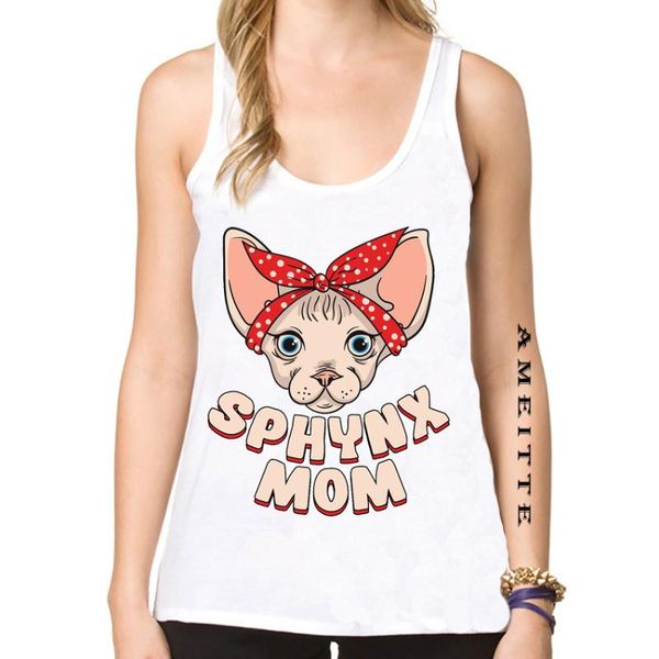 

2020 new summer fashion women vest cute sphynx cat mom gift tanks cute kitten print fitness t-shirt girl casual sport, White