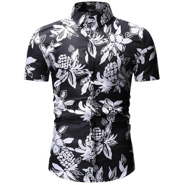 

2019 new spring summer male floral print dress shirts mens shirt slim fit ethnic flowers short sleeve casual fashion men, White;black