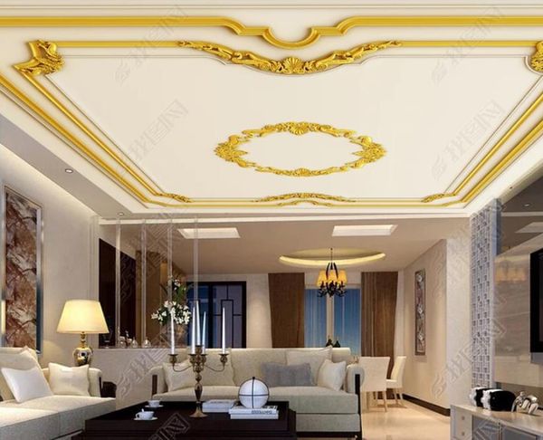 Custom Photo Ceiling Mural Wall Paper Golden Relief Wallpapers For