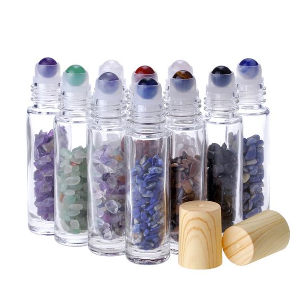 

essential oil diffuser 10ml clear glass roll on perfume bottles with crushed natural crystal quartz stone crystal roller ball wood grain cap
