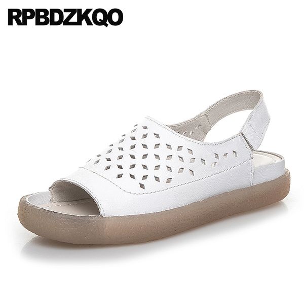 

black ladies women sandals flat summer 2019 comfortable genuine leather shoes white slip on peep toe large size big