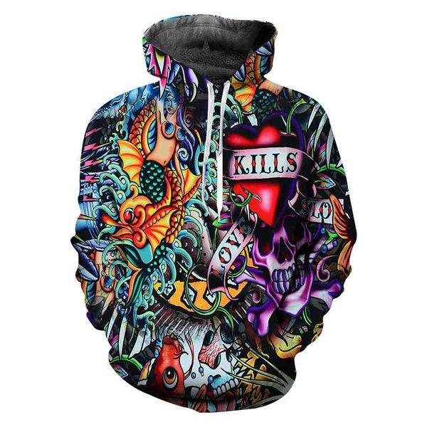 

oversize men sweatshirt 3d print skull hoodies pullover clothing sweat homme hooded vetement homme mens long sleeve street wear, Black