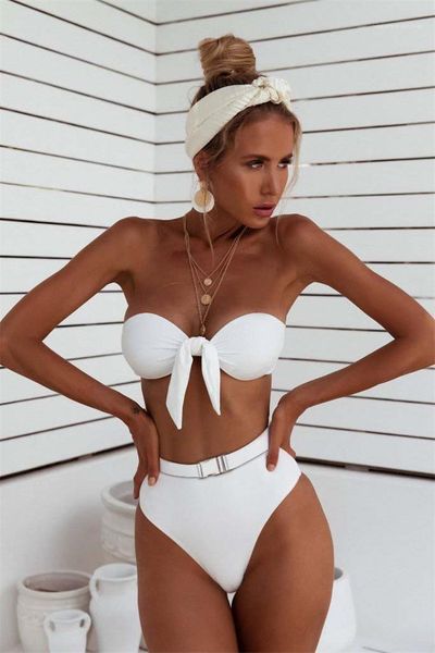 

halter solid lady bathing insert metal buckle fashion swimsuit women 2pcs designer removable shoulder straps, White;black