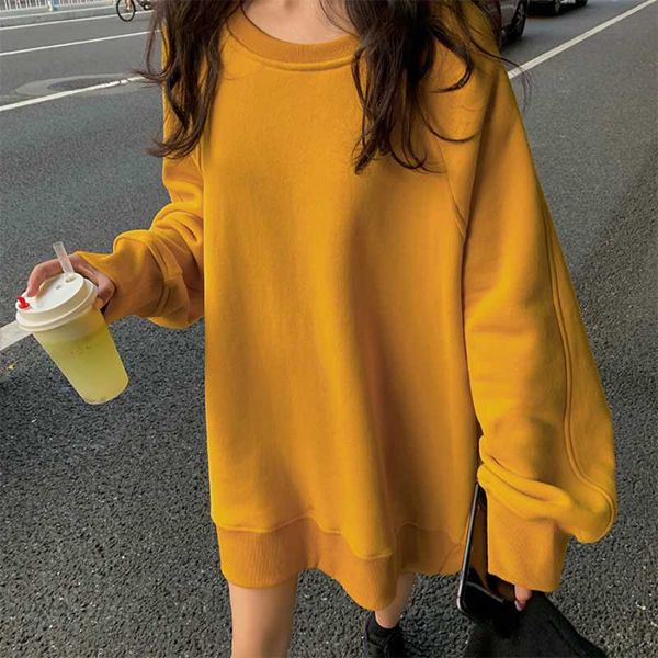 

women spring long sleeve cotton round collar long hoodie loose plus size hoodies brief sweatshirt with velvet solid color, Black