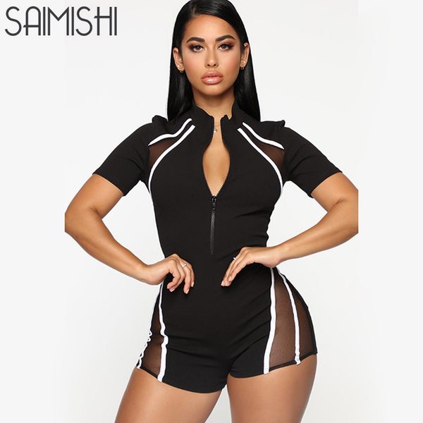 

saimish see-through black mesh stripe patchwork women fitness playsuit 2019 summer zip sport rompers female short jumpsuit, Black;white