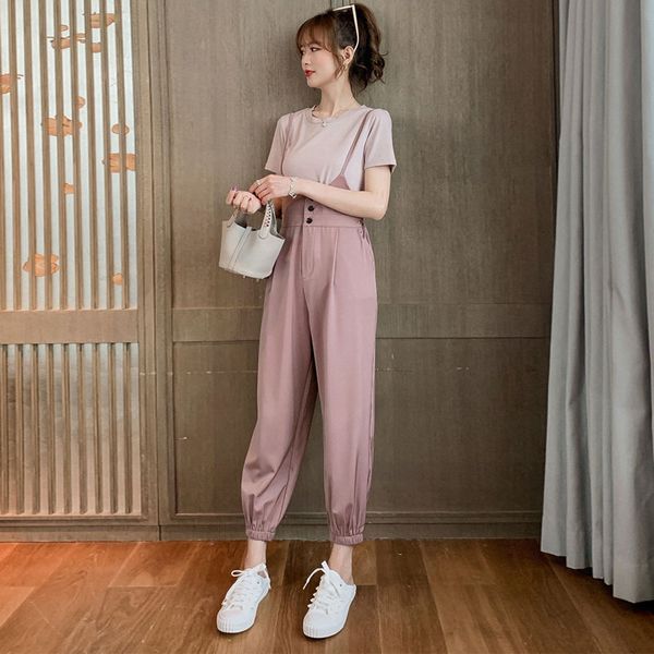 

2020 new summer women clothes solid o-neck shirt + high waist ankle-length ladies suspender harem pant suit 2 piece set m45, White