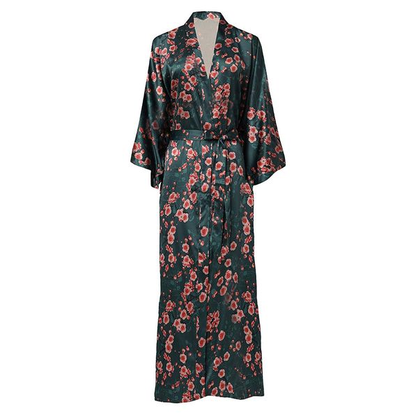 

nightwear women robe kimono gown large size 3xl 4xl dark green flower loose casual long sleep dress novelty sleepwear, Black;red