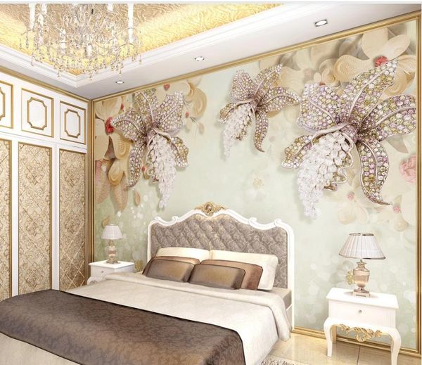 

customized wallpaper 3d three-dimensional luxury european style diamond jewelry flower wallpapers tv background wall