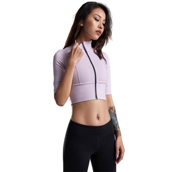 

yoga outfits the navel middle t-shirt sports elastic tight fitness clothing running quick-drying zipper shirts women crop top, White;red
