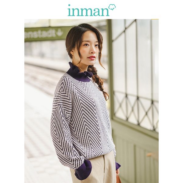 

inman 2019 winter new arrival agaric lace stand up collar jacquard literary all matched casual women pullover, White;black