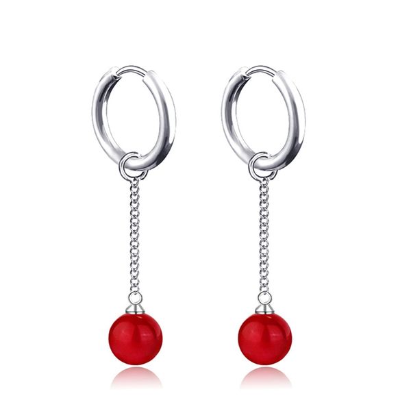 

european and american personality fashion tassel pearl earrings creative red pearl titanium steel earrings 9-a00070-27, Silver