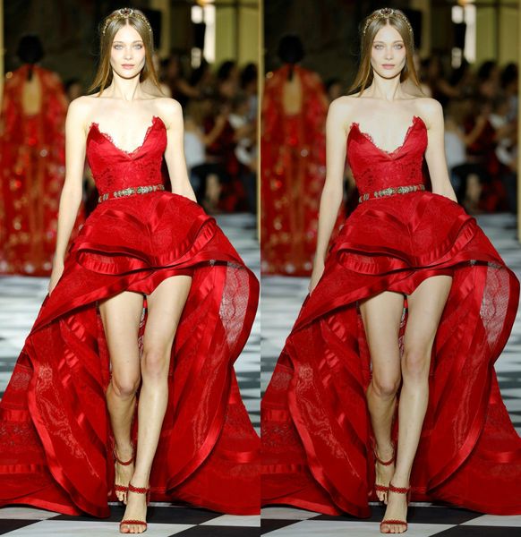 

zuhairmurad customized red a line evening dress strapless sleeveless formal dress tulle satin applique sashes hi lo party bridesmaid gown, Black;red