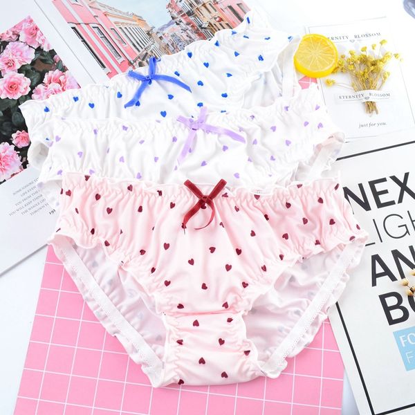

women's panties milk silk satin silky heart print women ruffle cute lovely sweet girl underwear princess style seamless female breifs, Black;pink