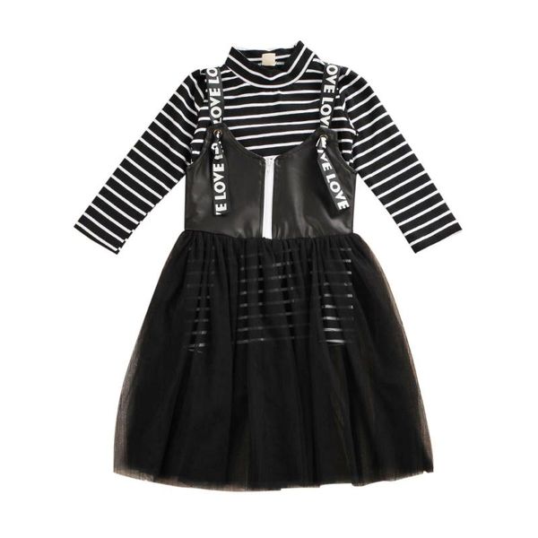 

1-7y kids baby girls fashion clothes set children long sleeve stripe dress + strap tulle dress outfits spring summer clothes, White