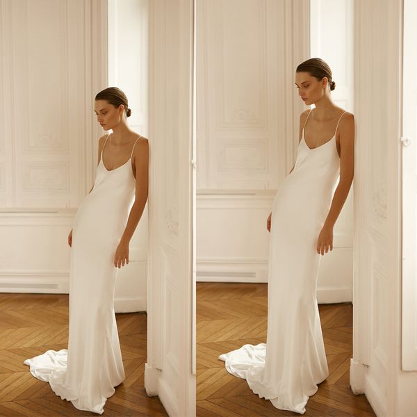 

simply mermaid wedding dresses spaghetti sleeveless beach bridal gowns sweep train satin backless wedding dress robes de mariÃ©e, White