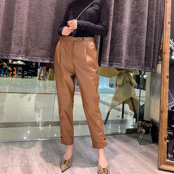 

women autumn winter real leather pants fashion high-waist pencil pants sheepskin leather ninth a837, Black;white