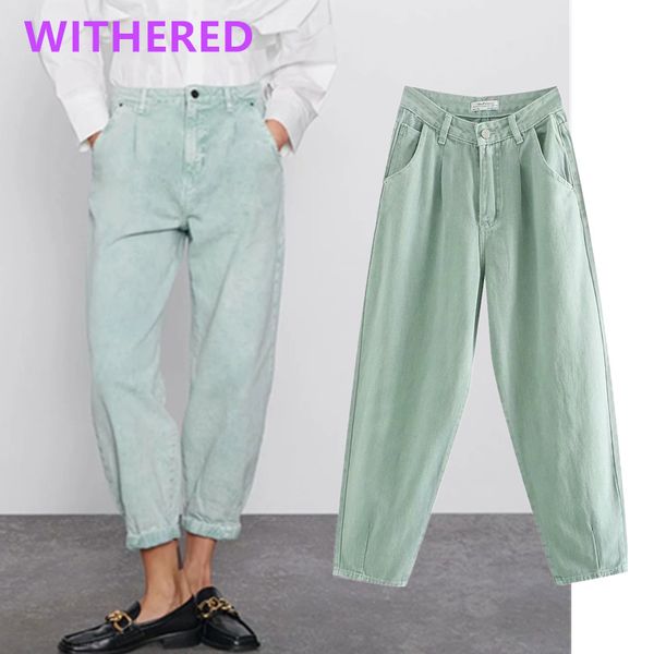

withered vintage light green solid loose mom jeans woman high waist jeans pleated turnip denim pants boyfriend for women, Blue
