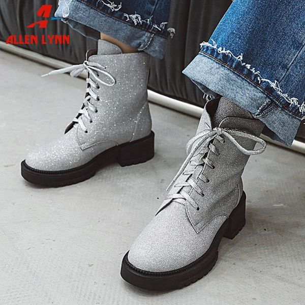 

allen ins fashion lady platform cool chunky heels shoes woman mid calf bling cloth boots women lace up boots, Black