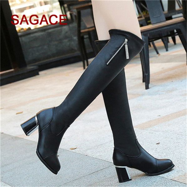 

sagace boots women winter shoes leather zipper fashion shoes square heel high boots over the knee rhinestone, Black