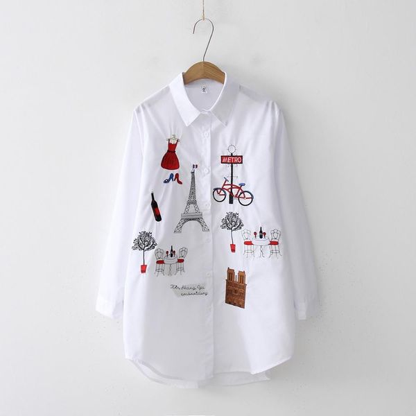 

new white shirt casual wear button up turn down collar long sleeve cotton blouse embroidery feminina drop shipping