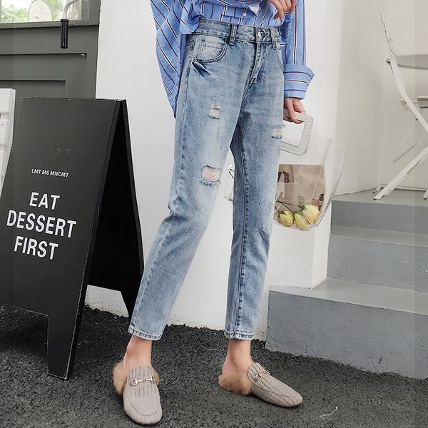 

jeans women's dress 2019 autumn loose-fit pants korean-style harem pants capri with holes jeans, Blue