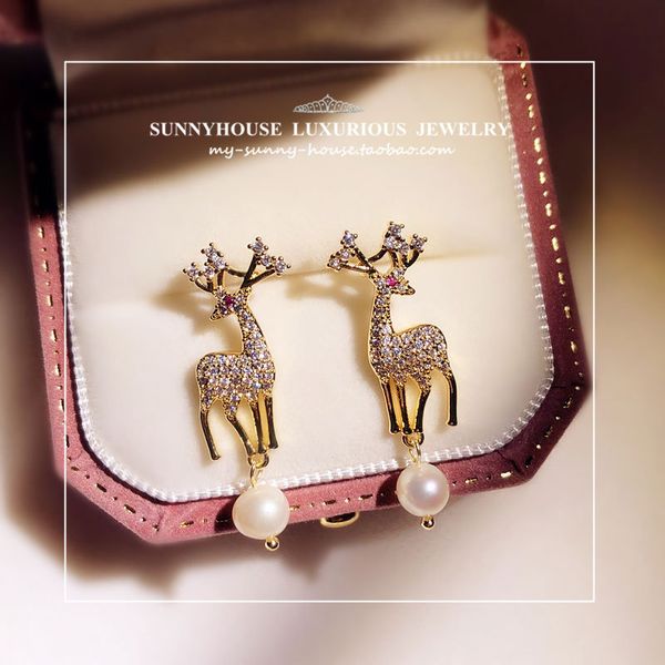 

original micro inlaid zircon 925 silver elk earrings female cute wild stud earrings new trendy jewelry, Golden;silver