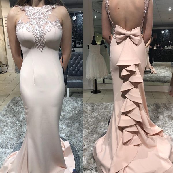 

sleeveless maid of the honor dress bowknot mermaid prom dress backless ruffles appliques bridesmaid dresses, White;pink